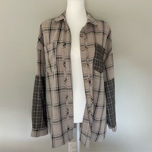 Oversized Plaid Neutral Mixed Pattern Button Down Patchwork Shirt